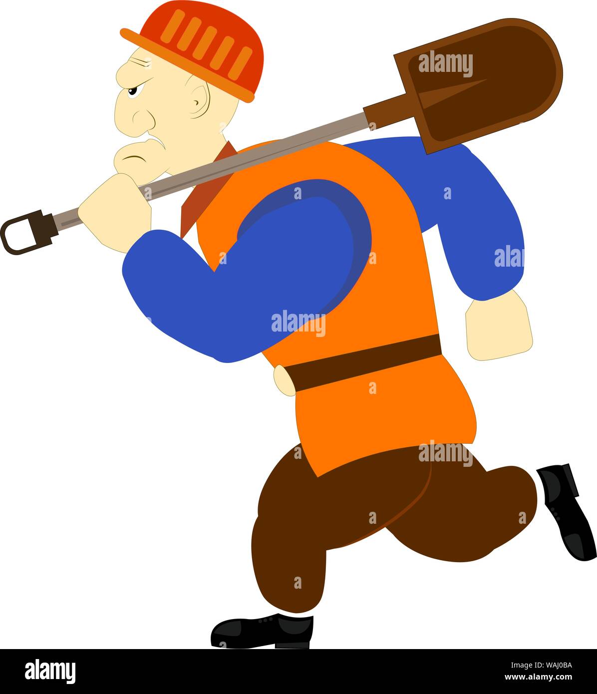 Miner builder travailleur avec une pelle. Personnage agressif avec visage. L'extraction de minerai, de diamants, de devises ou d'autres crypto argent chaîne bloc Illustration de Vecteur