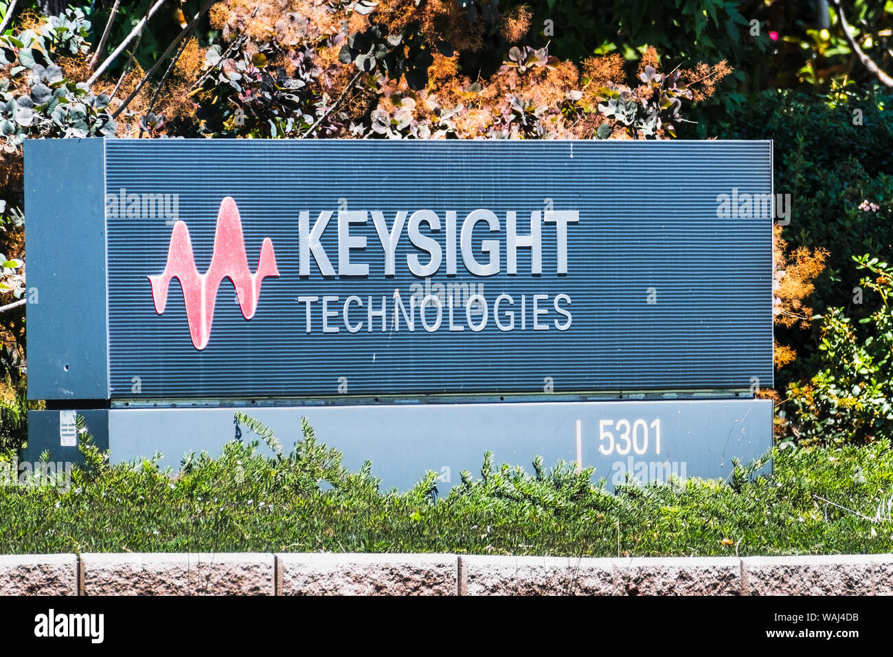 12 août 2019 Santa Clara / CA / USA - Keysight Technologies signent au campus de l'entreprise dans la Silicon Valley ; Keysight Mesure et test fabrique Banque D'Images