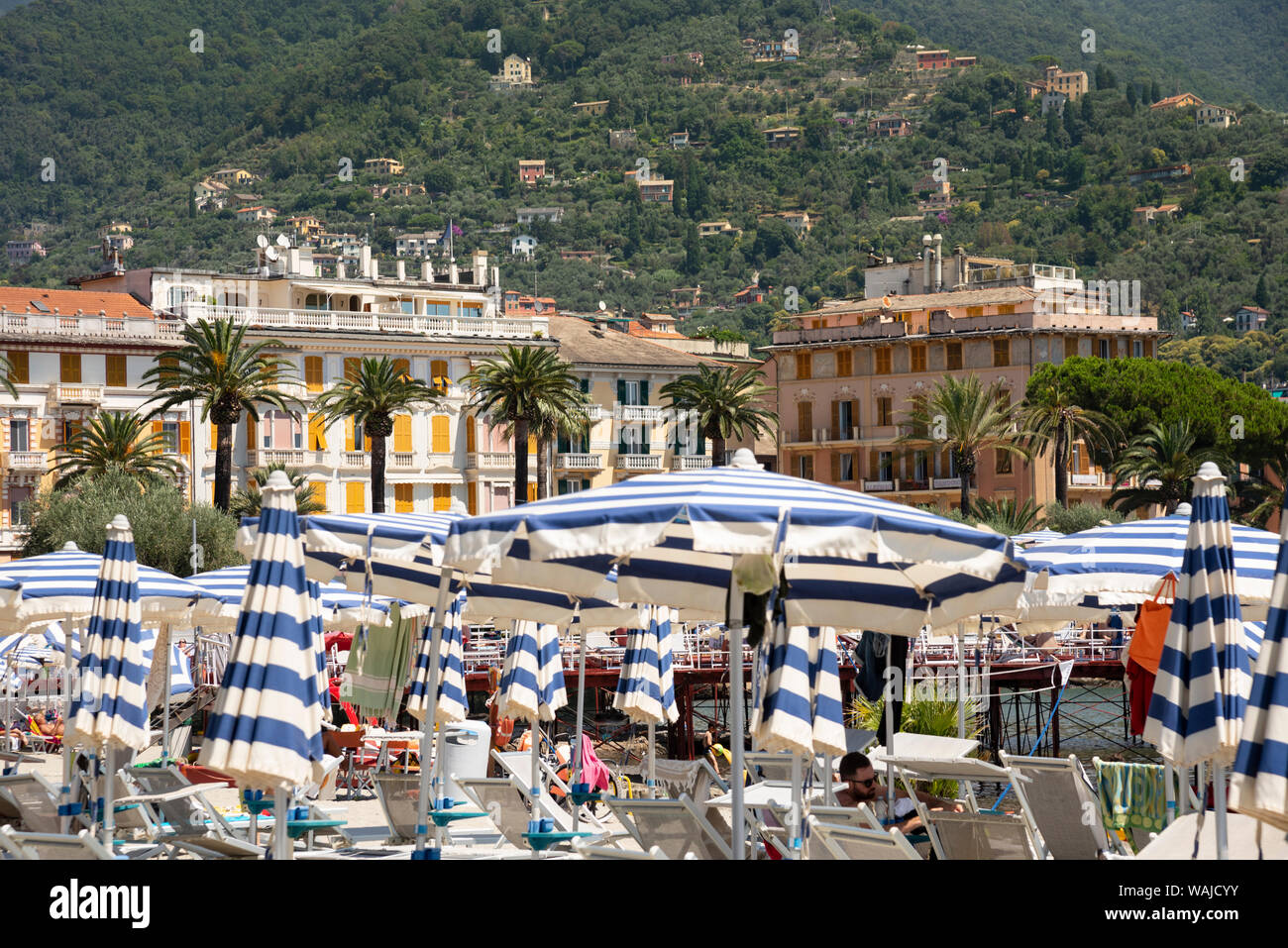 Italie, Province de Gênes, Rapallo. Parasols colorés le long du port Banque D'Images
