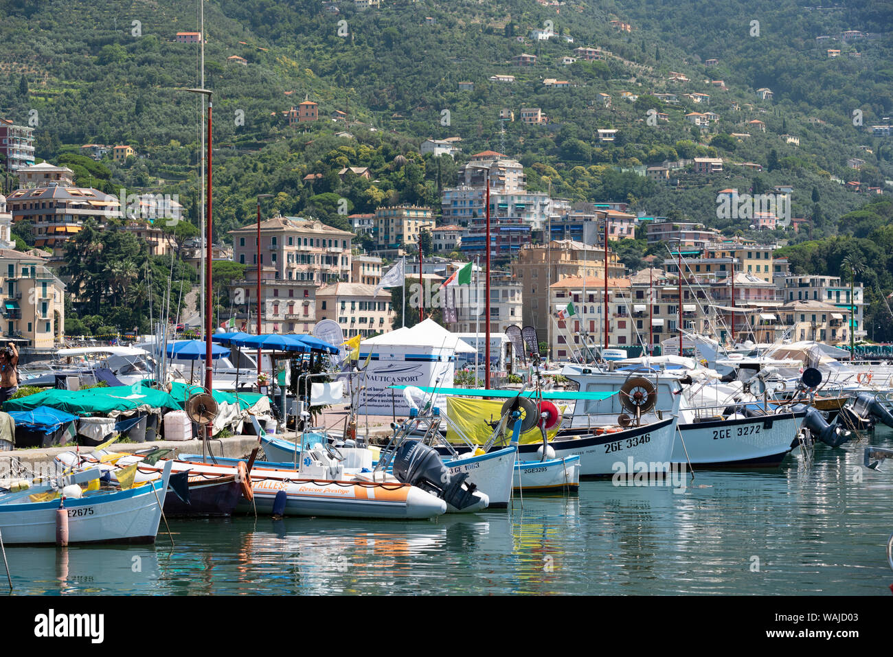 Italie, Province de Gênes, Rapallo. Bateaux dans le port et sur la colline Banque D'Images