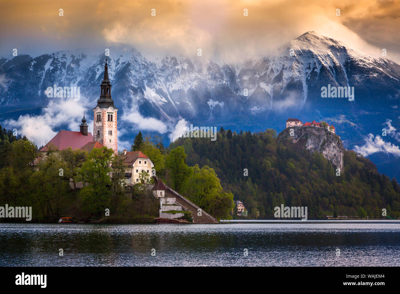 L'Europe, la Slovénie, le lac de Bled. Château de l'Église sur l'île de lac et paysage de montagne. En tant que crédit : Jim Nilsen / Jaynes Gallery / DanitaDelimont.com Banque D'Images
