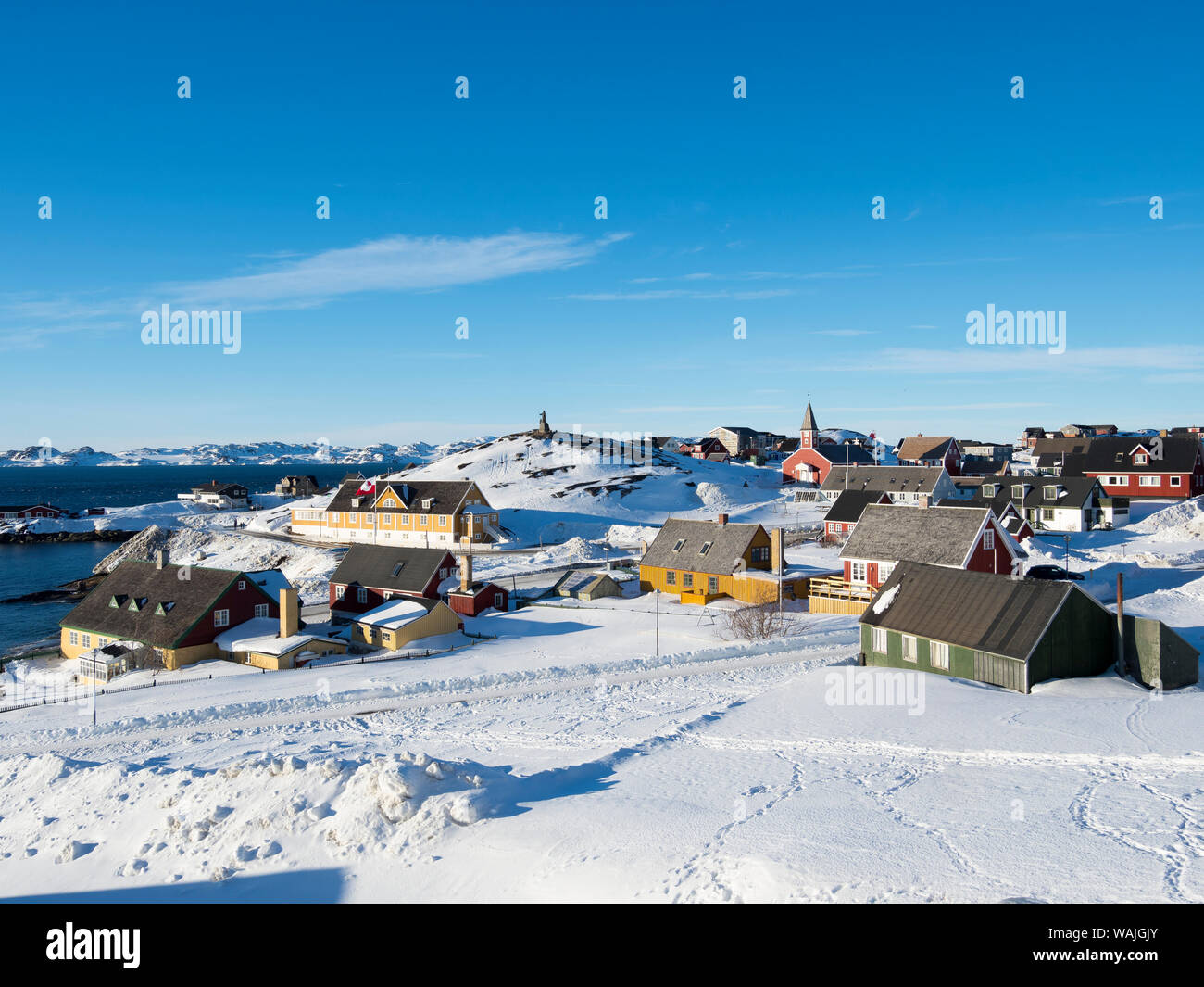 Vue sur la vieille ville et le port colonial. Nuuk, capitale du Groenland. Banque D'Images