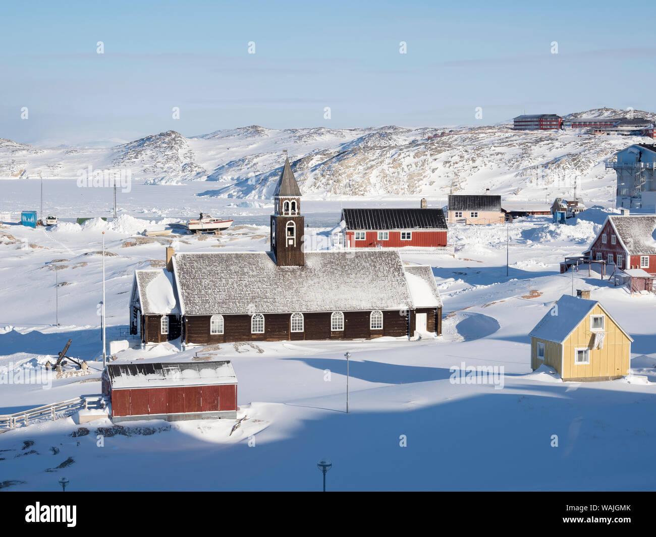 L'église de Sion. À Ilulissat la rive de la baie de Disko, centre pour le tourisme, l'administration et l'économie. La proximité icefjord est inscrit comme site du patrimoine mondial de l'UNESCO. Le Groenland, le Danemark. Banque D'Images