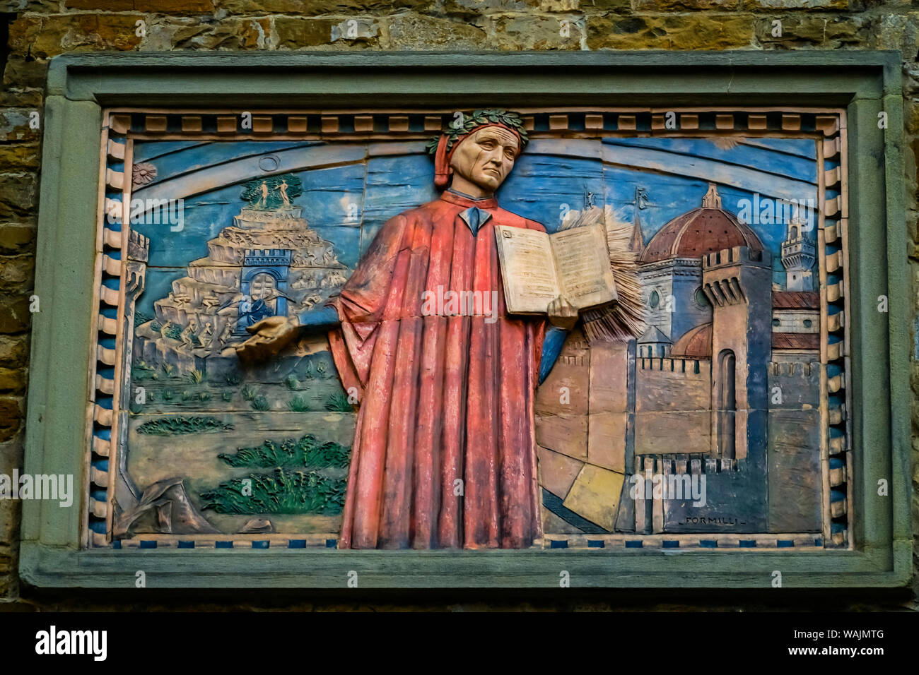 Societa Dante Alighieri Cultural Society signe. Domenico di Michelino Dante Divine Comédie peinture, Florence, Italie. Peinture réalisée à 1465 Banque D'Images