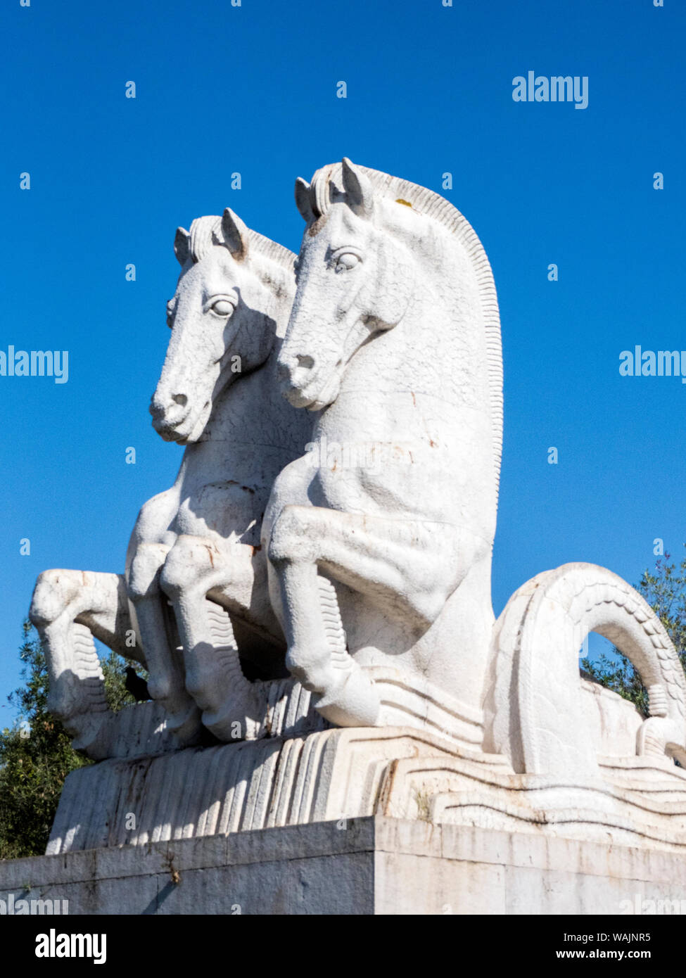 Portugal, Lisbonne. Cheval Belem des statues dans le parc près du Monument des Découvertes. Banque D'Images