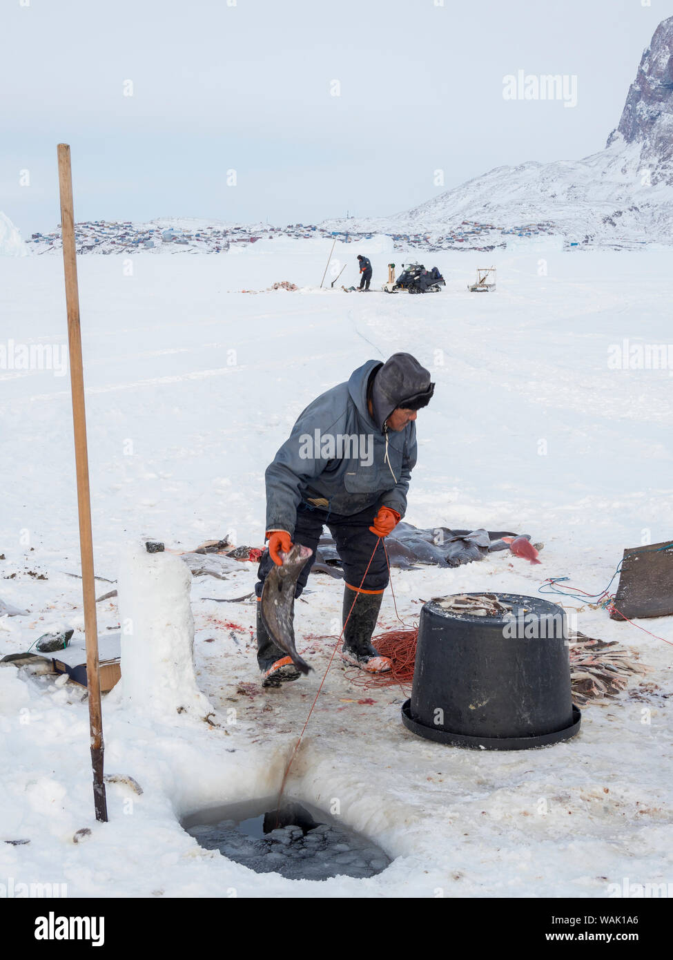 Les pêcheurs de l'Uummannaq au Groenland, système Fjord. Les fjords sont gelés en hiver, les pêcheurs utilisent des traîneaux à conduire à des trous dans la glace. Ils lignes inférieures avec appât jusqu'à 1000 mètres. (Usage éditorial uniquement) Banque D'Images