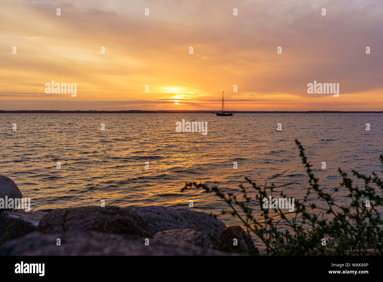 Coucher du soleil sur la mer Baltique avec bateau et certaines graminées au premier plan Banque D'Images