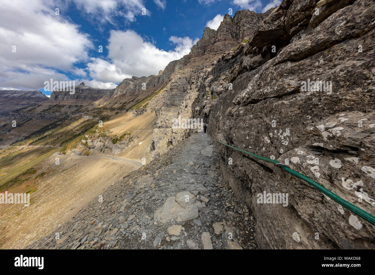 La section étroite de la Highline Trail au-dessus de la route de Sun dans le Glacier National Park, Montana, USA Banque D'Images