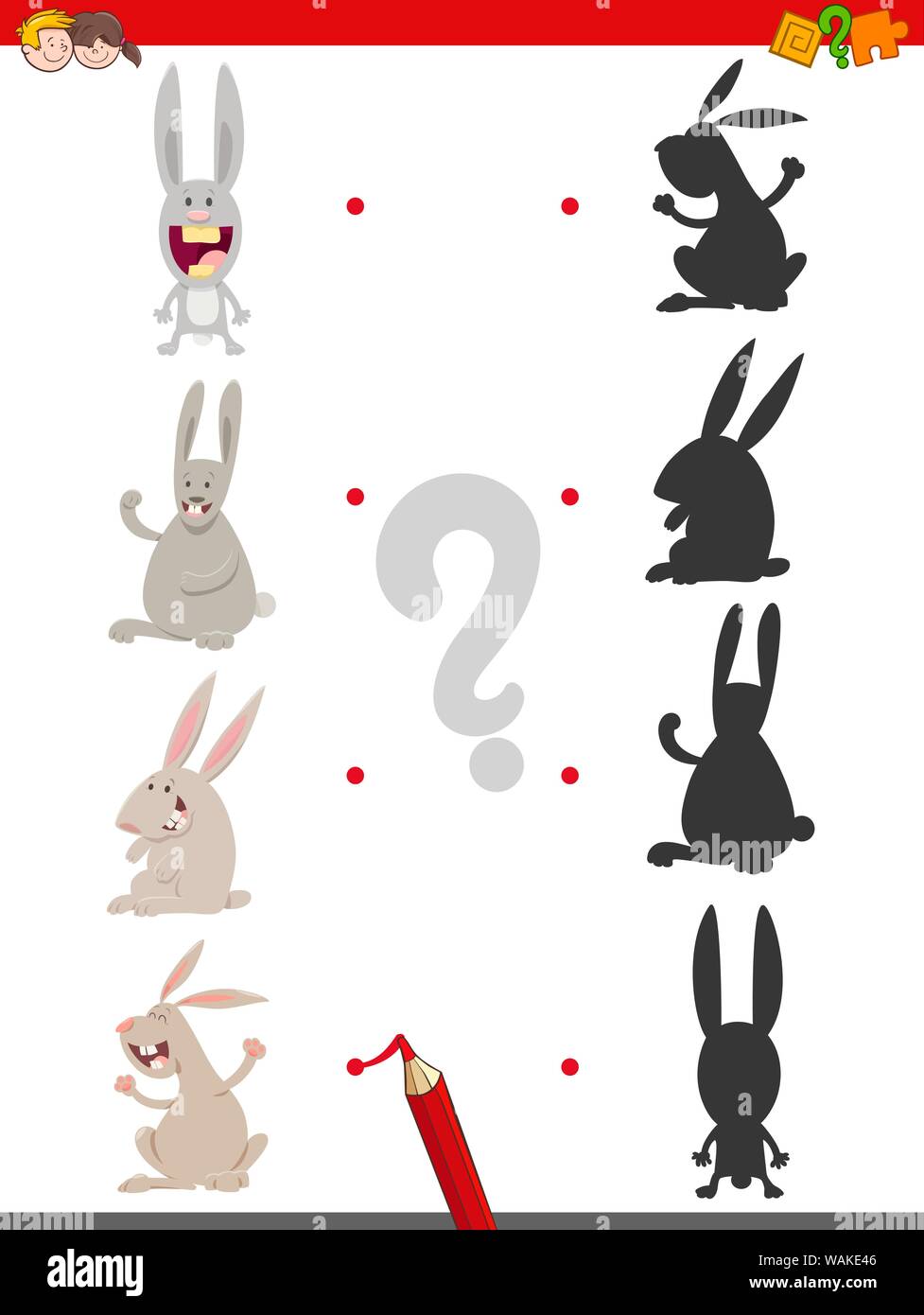 Cartoon Illustration de rejoindre la bonne ombre avec photos jeu éducatif pour les enfants avec des Lapins mignons personnages Illustration de Vecteur