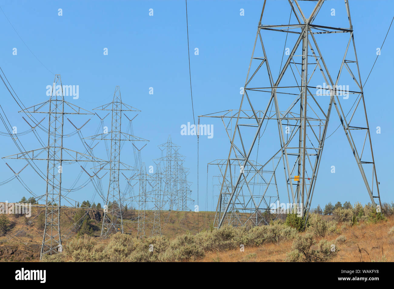 Lignes électriques sur pylônes près de ville de Maupin, rivière Deschutes, Centre de l'Oregon, USA Banque D'Images