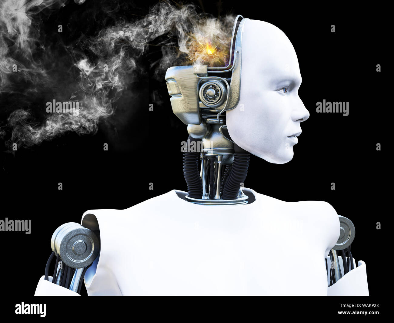 Le rendu 3D d'un homme robot avec la fumée s'échapper de sa tête comme il est cassé ou il est d'avoir une dépression. Fond noir. Banque D'Images