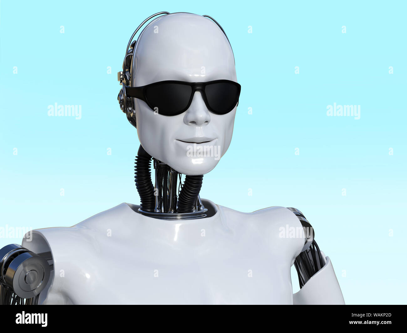 Le rendu 3D d'un robot de sexe masculin à la cool et décontracté portant une paire de lunettes noires. Banque D'Images