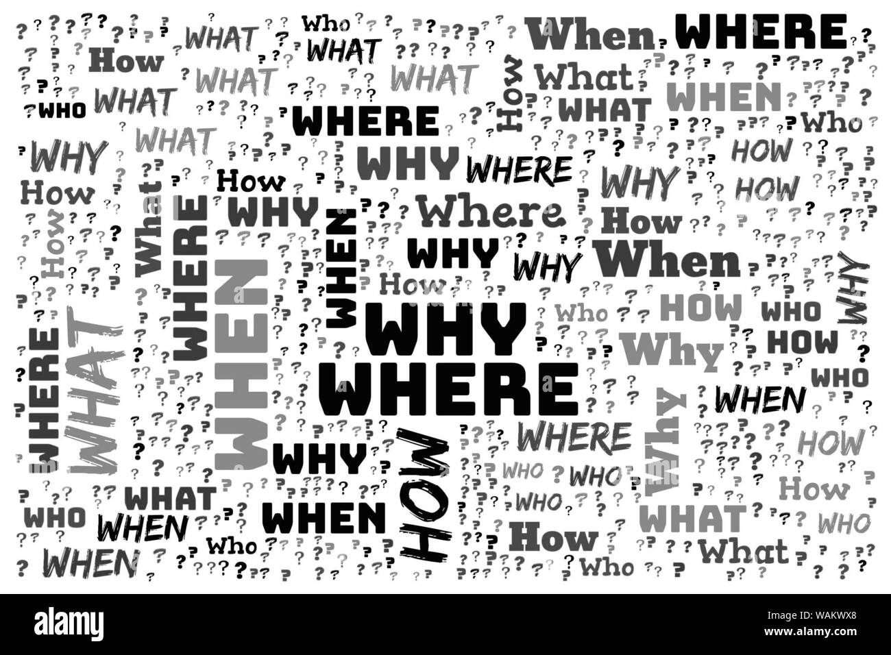 Nuage de mots Qui, Quoi, Où, Quand, Pourquoi et comment sur fond