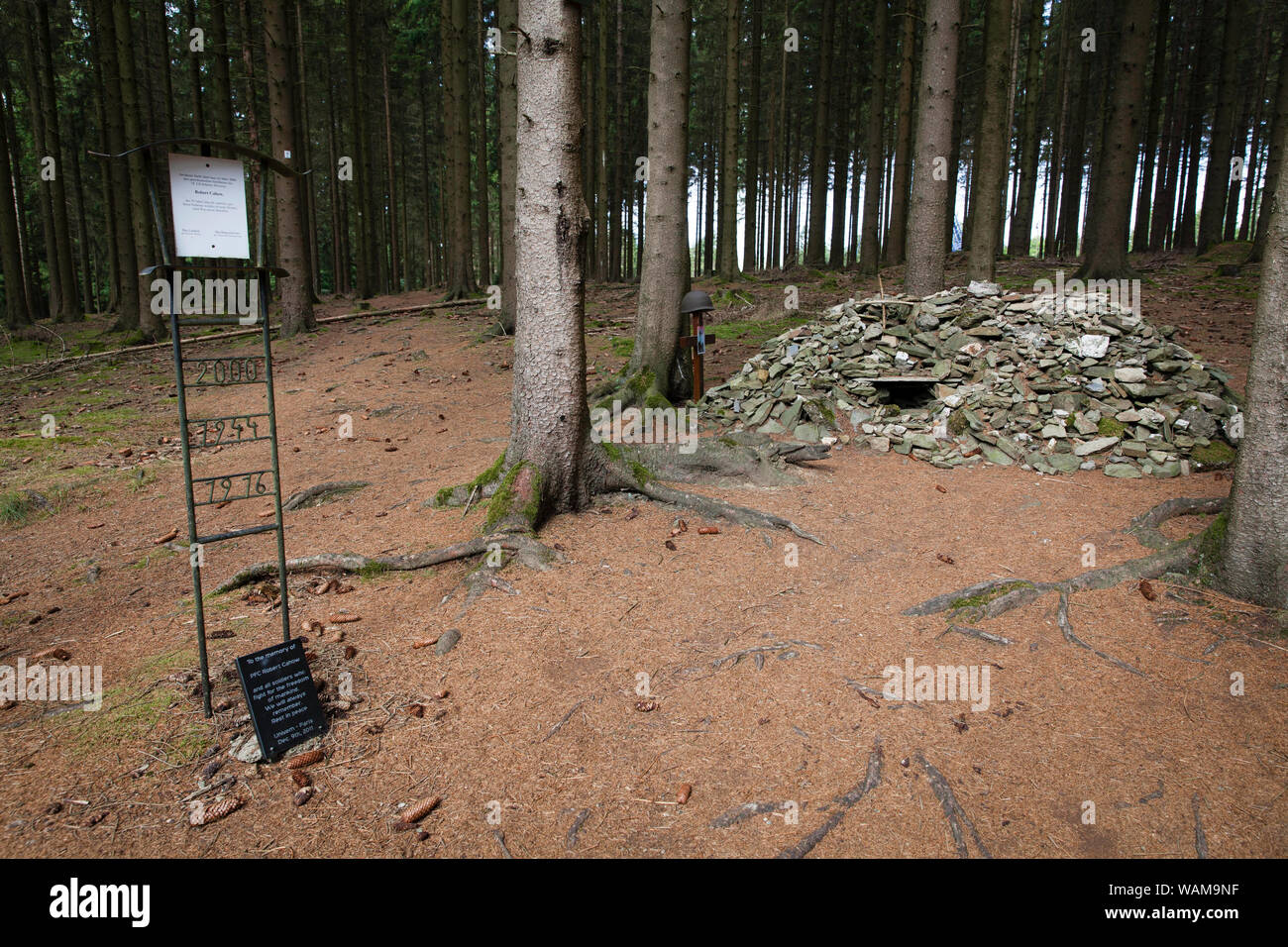 Mémorial pour les soldats US Robert Cahow à Ochsenkopf dans la forêt de Huertgen, il a été trouvé accidentellement ici 56 ans après sa mort, l'Rhine-West Banque D'Images