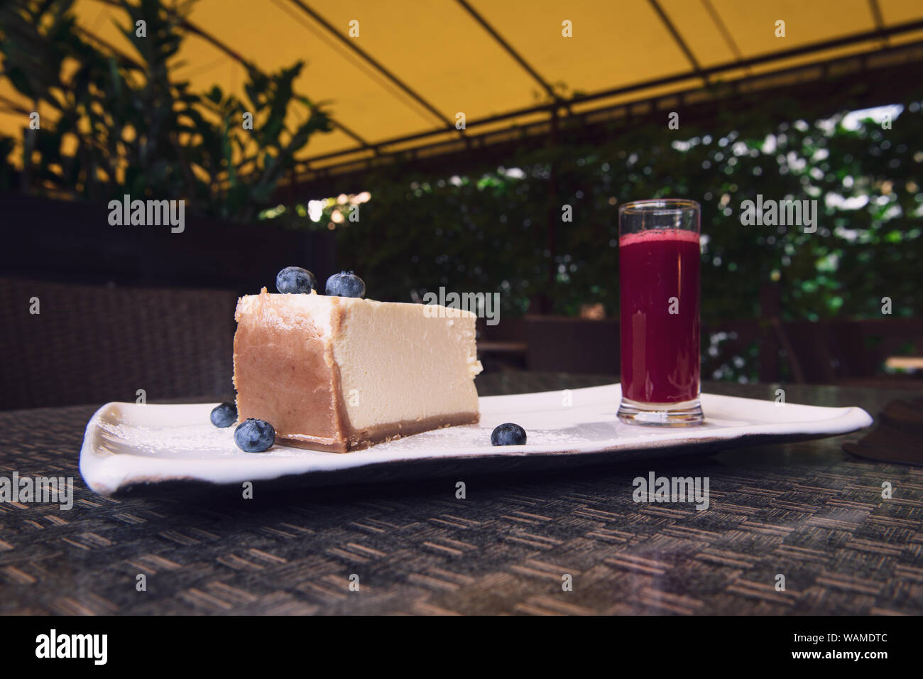New York cheesecake avec les bleuets. Une tranche d'un gâteau savoureux avec une croûte brune. Servi avec un verre de sauce aux framboises. Bokeh avec gros plan et copie spa Banque D'Images