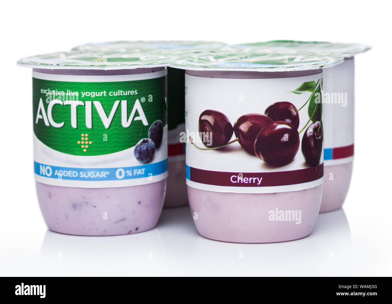 Londres, Royaume-Uni - 18 août 2019 : Pack d'Activia yaourt live exclusif avec les cultures et les bleuets cerises sur fond blanc. Faible teneur en gras sans sucre ajouté Banque D'Images