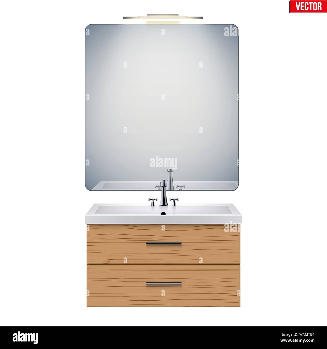 Élément lavabo avec miroir et lumière. Modèle pour salle de bains l'intérieur. Lavabo en porcelaine blanche et support en bois du cabinet. Vue avant et support mural. Vector Illustration de Vecteur