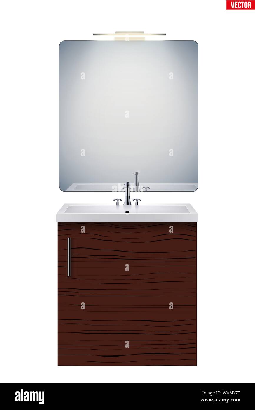 Élément lavabo avec miroir et lumière. Modèle pour salle de bains l'intérieur. Lavabo en porcelaine blanche et support en bois du cabinet. Vue avant et support mural. Vector Illustration de Vecteur