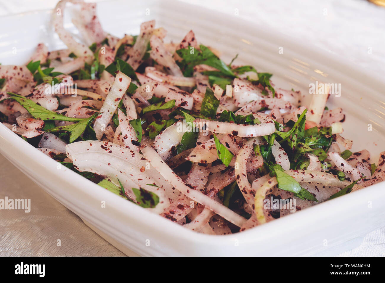 Kebab turc accompagnement salade d'oignon dans un restaurant local à Nicosie. Nourriture chypriote traditionnel sur l'île de Chypre. Banque D'Images