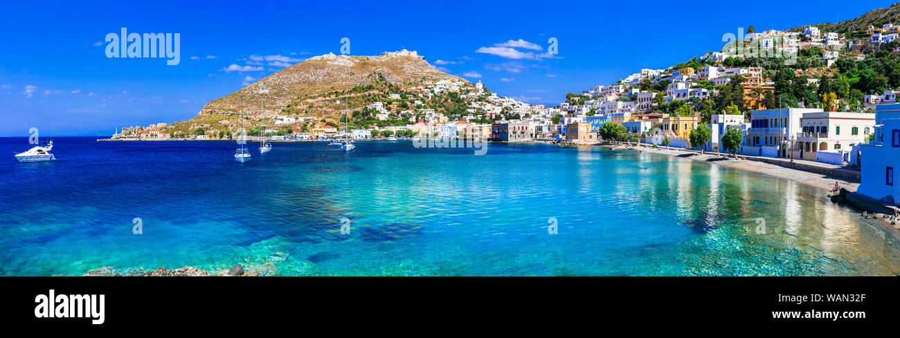 L'île de Leros merveilleux paysages à couper le souffle sur la mer, village traditionnel avec Agia Marinana. Dodécanèse, Grèce Banque D'Images