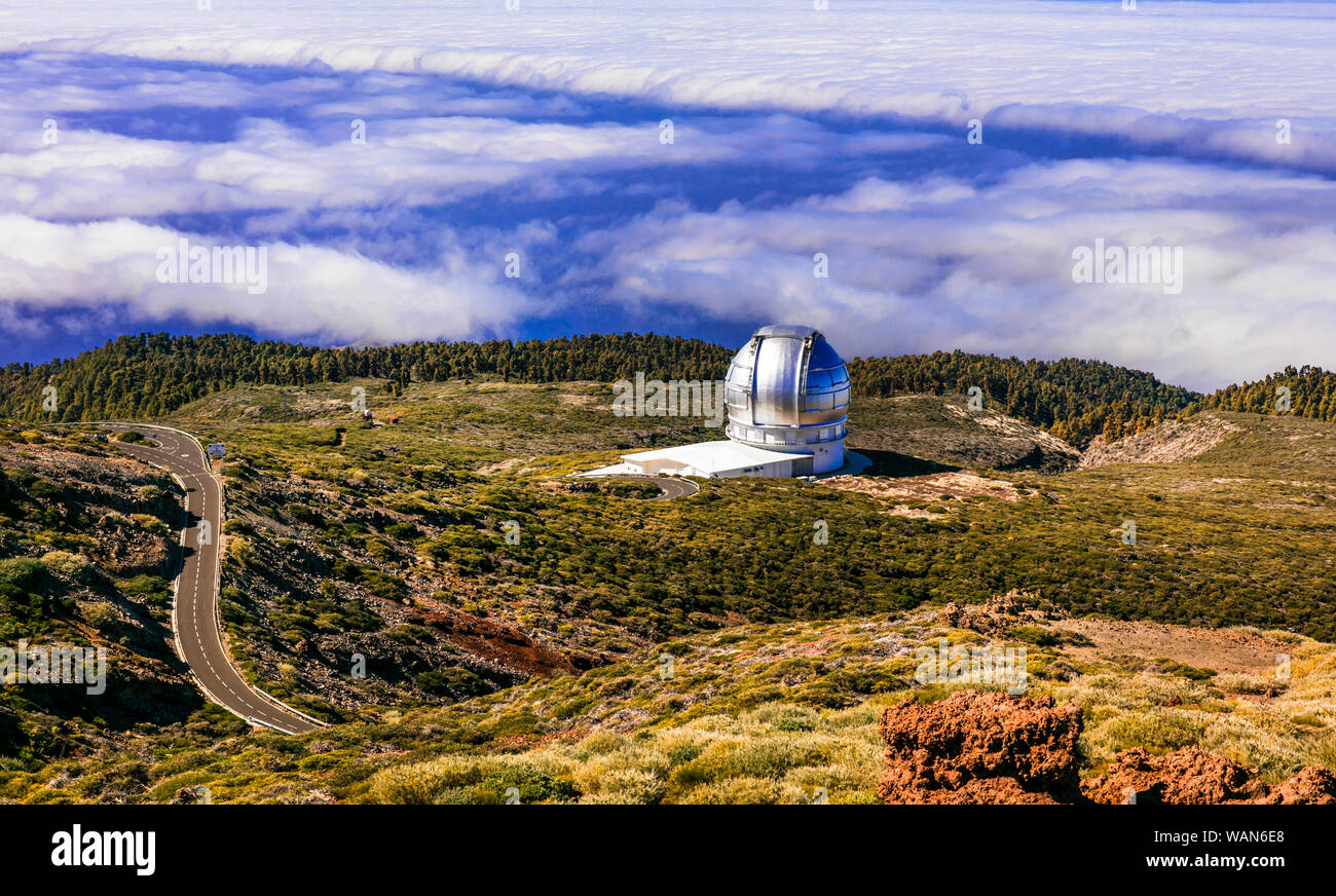 Observatoire impressionnant à La Palma island,Roque de los Muchachos, Espagne Banque D'Images