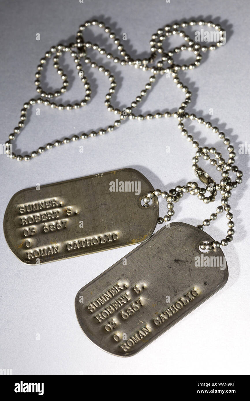 Vintage World War Two Era US Army ID Tags Still Life, USA Banque D'Images