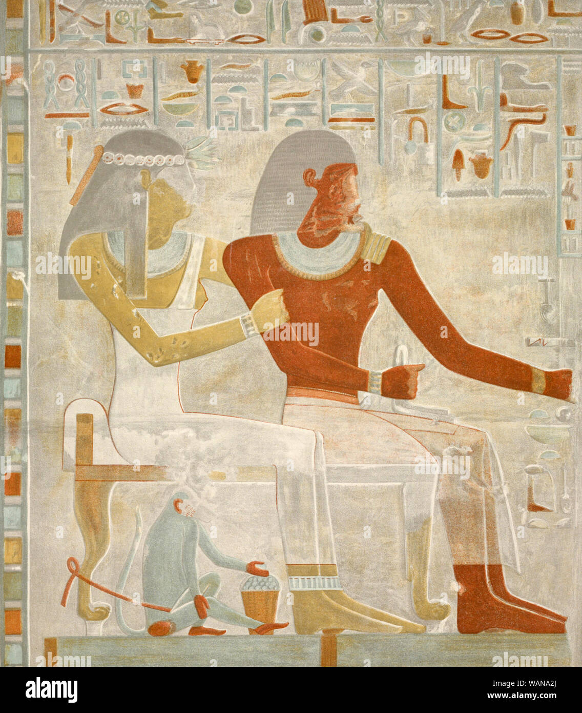 Paheri et son épouse Henut-er-neheh. À leurs pieds, leur animal singe. Illustration réalisée à partir de la peinture funéraire sur le mur est de la tombe de Paheri à El Kab, Égypte. Paheri était un showtime, ou gouverneur de province. La tombe date du milieu du 18e dynastie, vers 1500 avant JC. À partir de l'ouvrage, le mur des dessins et des monuments d'El-kab : le tombeau de Paheri, par J.J. Tylor, publié 1895. Banque D'Images