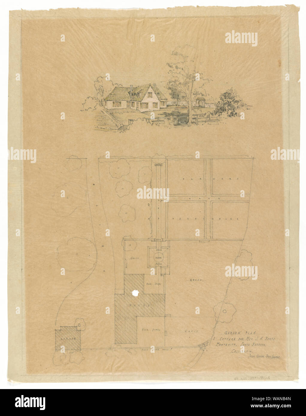Chalet à Mme J. N. Burns, Montecito, Santa Barbara, Californie. Plan de jardin et rendu] / James Osborne Craig, architecte Banque D'Images