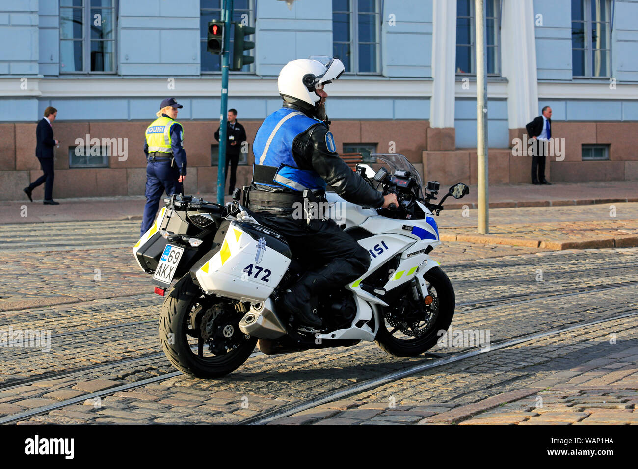 Helsinki, Finlande. 21 août, 2019. Les agents de police et des véhicules dans le centre d'Helsinki sur la journée du Président russe Vladimir Poutine en visite. Credit : Taina Sohlman/Alamy Live News Banque D'Images