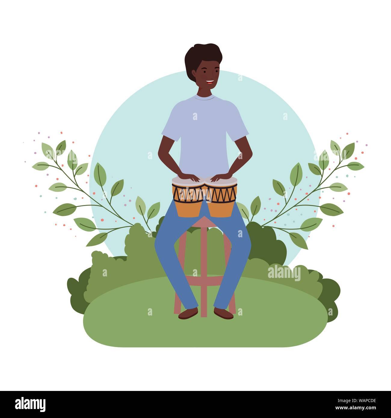 Homme avec les congas et les branches et les feuilles dans l'arrière-plan Illustration de Vecteur