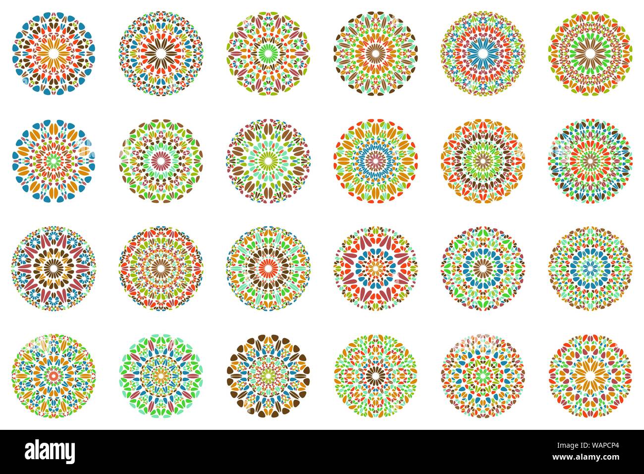 Pétales colorés ornés du logo mandala circulaire ronde set - ornement géométrique des éléments de conception de scénario Illustration de Vecteur