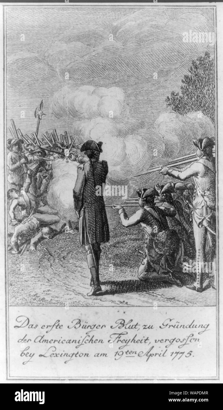 Das erste Bürger Blut, zu der Gründung Americanischen Freyheit, vergossen bey Lexington 19am 10 Avril 1775 Résumé : L'impression a des troupes britanniques de feu en masse des miliciens américains lors de la bataille de Lexington, l'un des douze scènes de l'histoire de la Révolution américaine. Banque D'Images