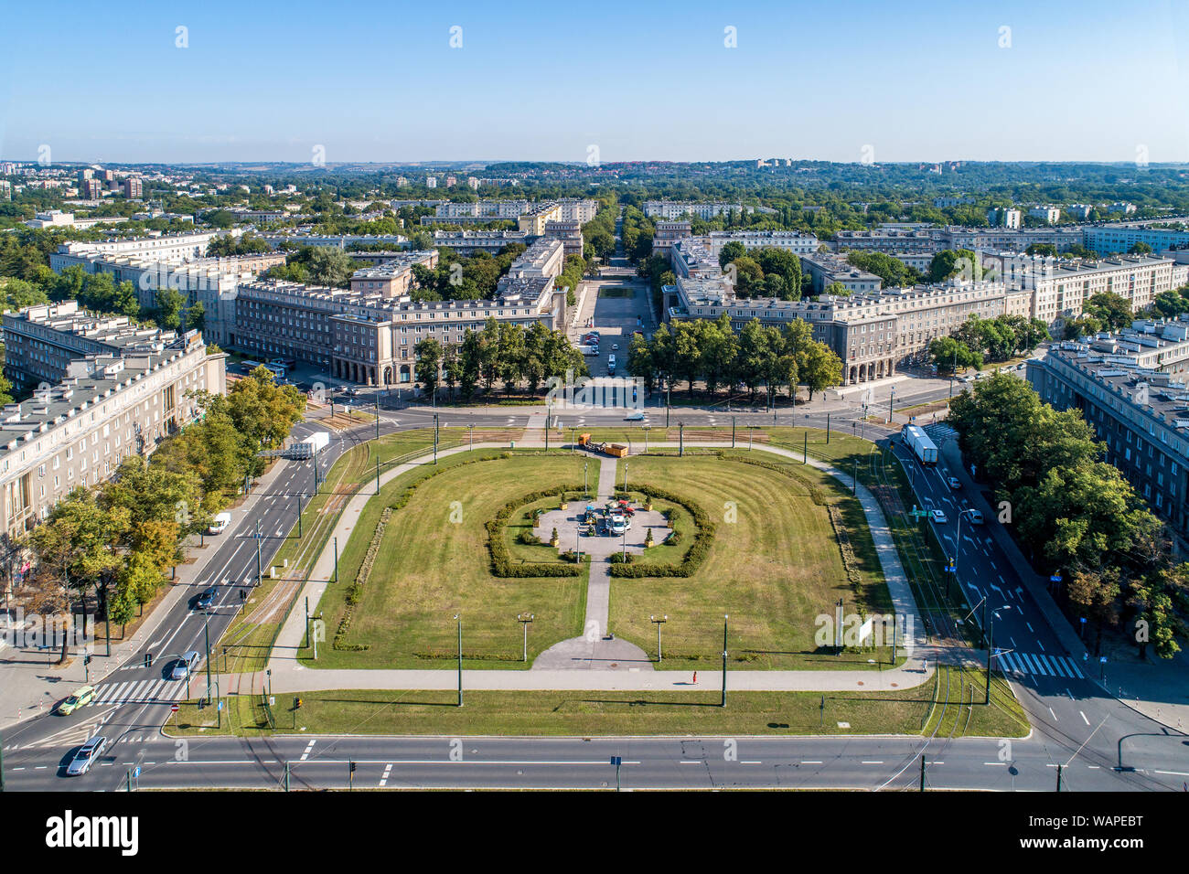 Cracovie, Pologne. Panorama de l'antenne de Nowa Huta (nouvelle aciérie), l'un des deux seuls entièrement planifié et construire des établissements humains réalisme socialiste dans le monde. Banque D'Images