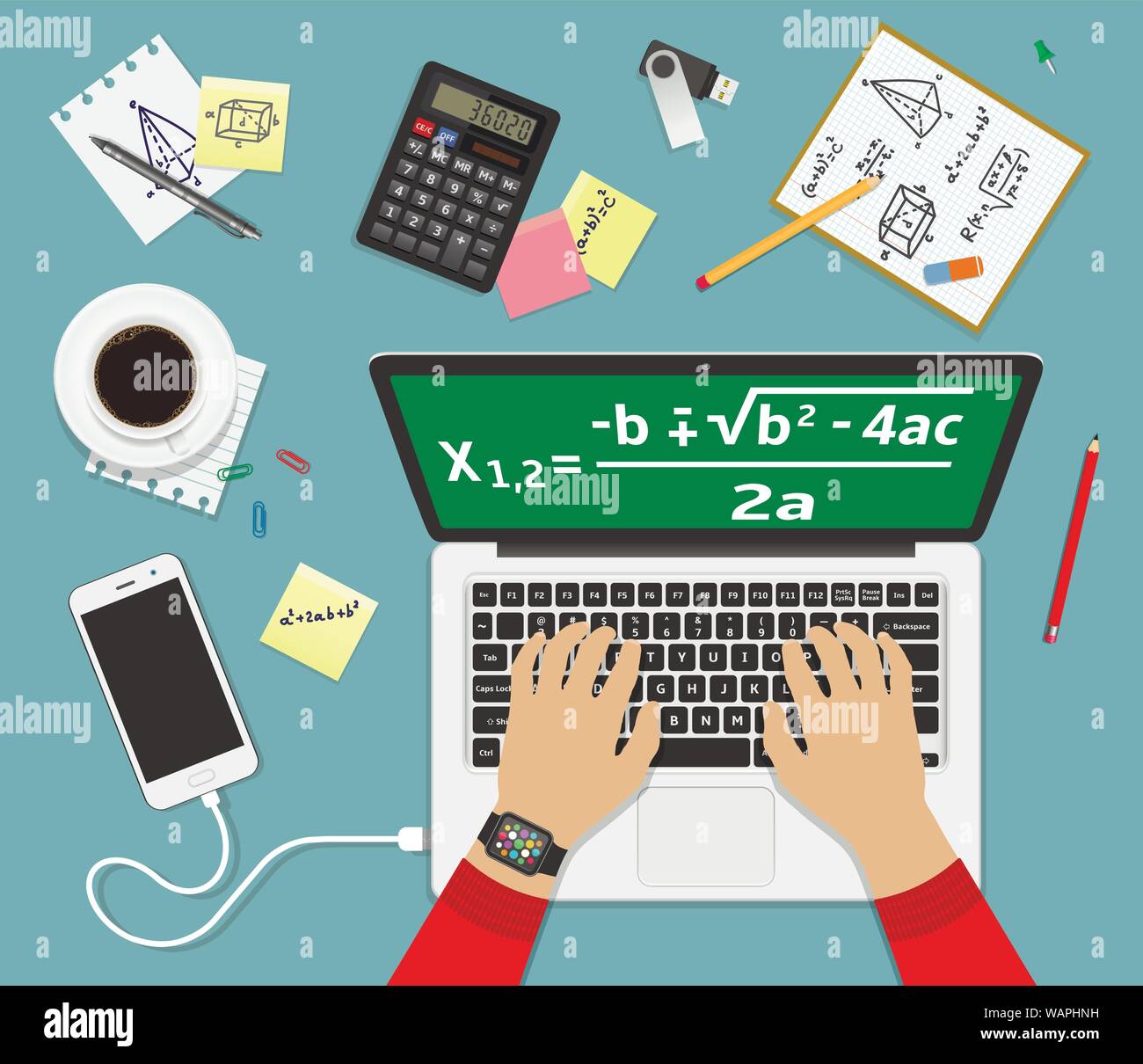 African American college student résout formule mathématique sur l'écran du portable. Modèle plat vector illustration concept. Illustration de Vecteur