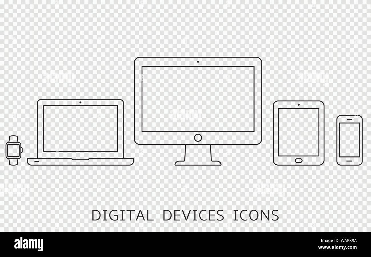 Vector set de contours icônes de périphériques. Moniteur, ordinateur portable, tablet pc et smartphone isolé sur fond transparent Illustration de Vecteur