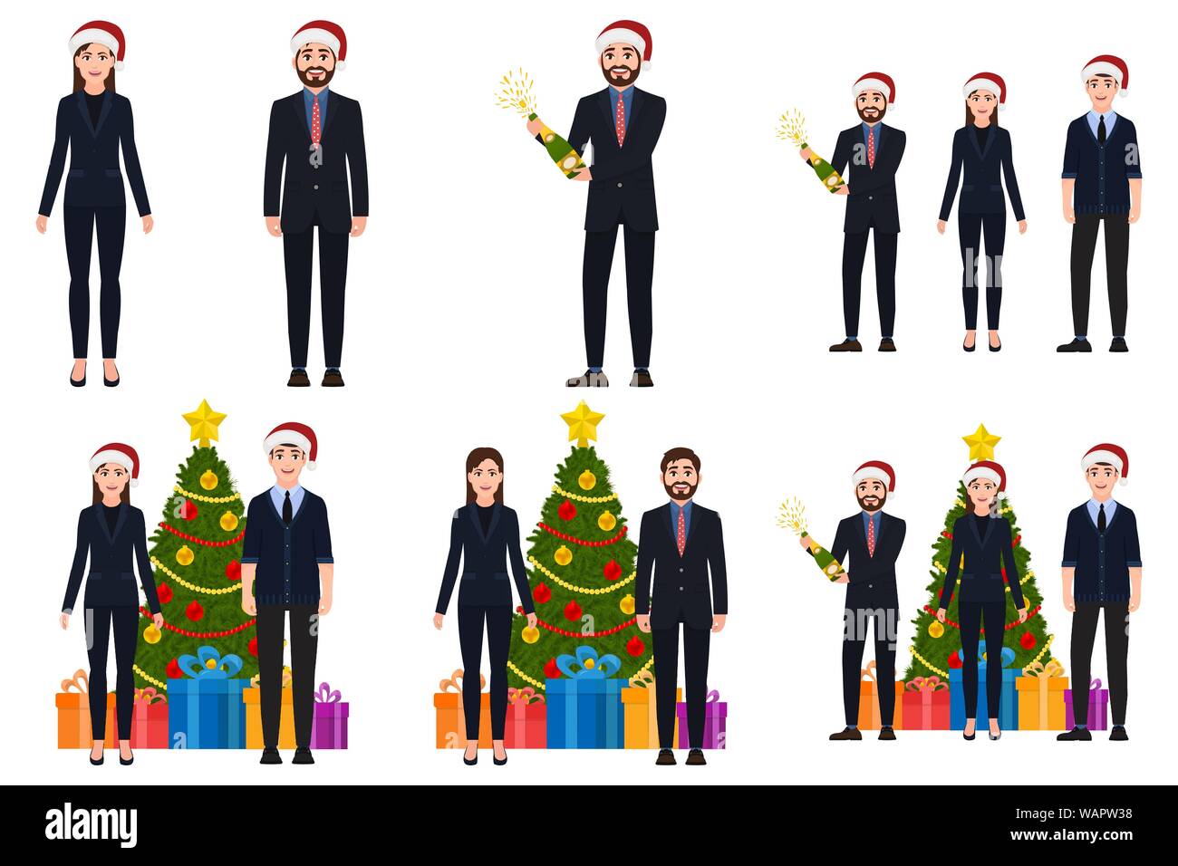 L'homme et la femme se tenir près d'un arbre de Noël jeu d'icônes, les gens s'amuser et de célébrer la nouvelle année, le gars ouvre le champagne, les personnages de dessins animés, vector il Illustration de Vecteur