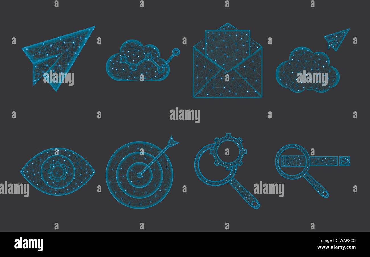 SEO icon set polygonal, enveloppe, papier avion, ciel nuageux analytics, cloud l'envoi, de l'œil et le pignon, cible, loupe et roue dentée, vecteur de recherche Web Illustration de Vecteur