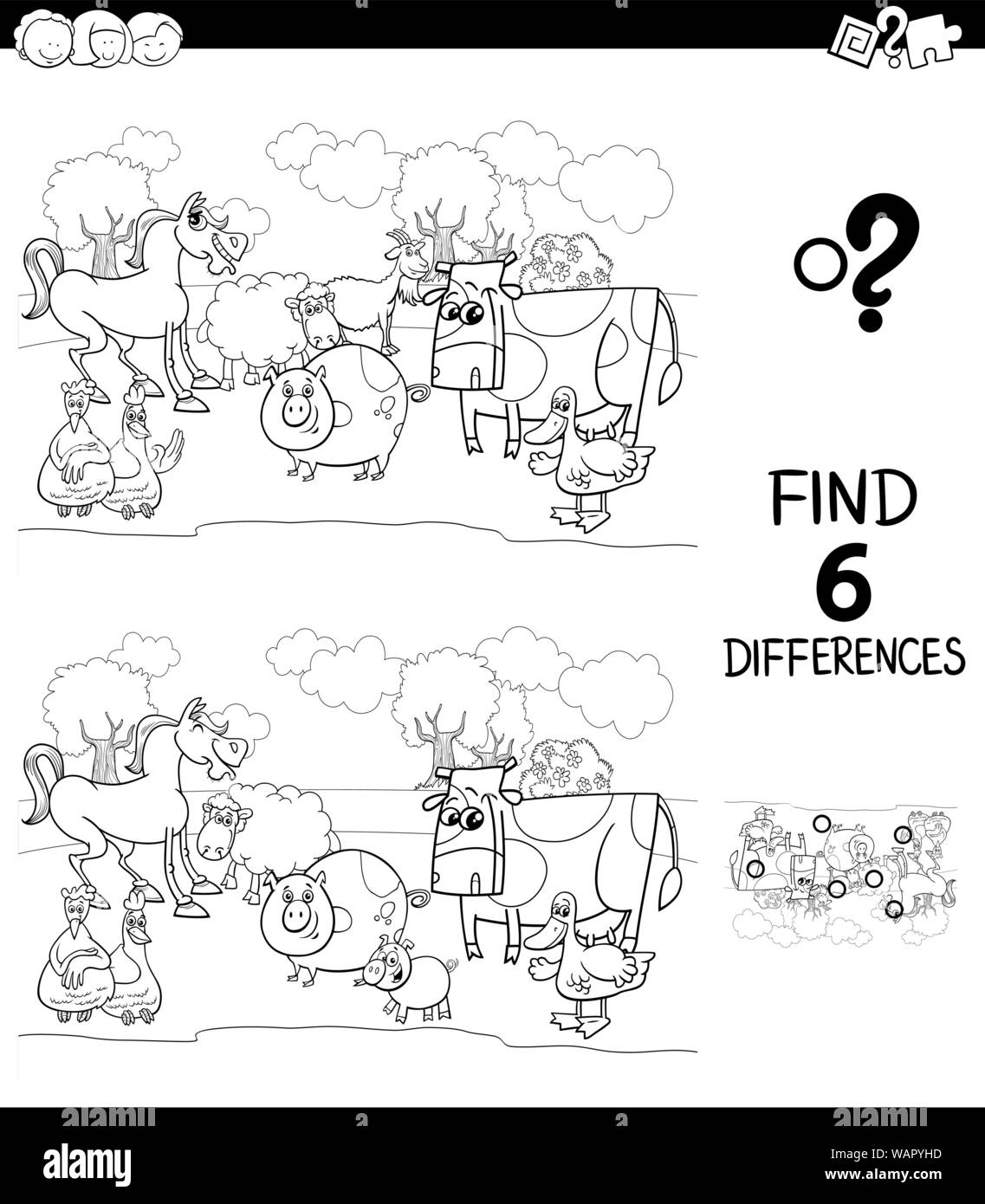 Illustration Cartoon noir et blanc de trouver six différences entre les photos, jeu éducatif pour enfants avec des animaux de ferme Coloriage Personnages Bo Illustration de Vecteur