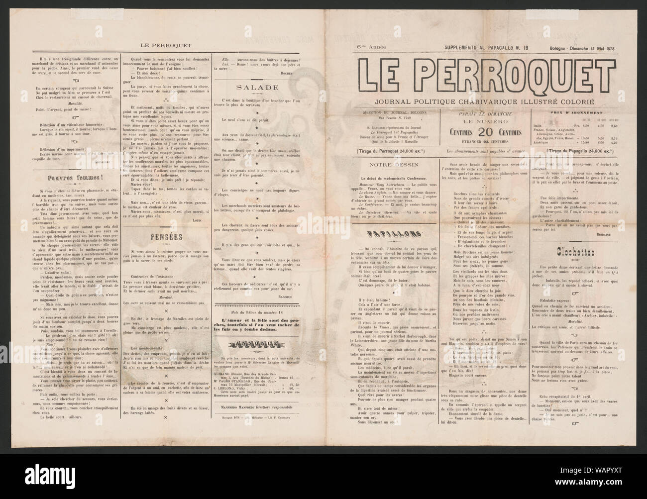Desiderato di debutto Mlle conferenza Résumé : La politique italienne, caricature montre les artistes de cirque se prépare à mettre sur un spectacle, the ringmaster Signor Antonio, étiqueté Autriche, annonce que le public est en attente, un clown avec une cloche est étiqueté francese, il est penché sur une petite étiquette trampoline Trattato di Santo Stefano, le leader du groupe étiqueté Russ flirte avec une jeune femme appelée Conferenz, qui tenant une cravache, un chien couché à ses pieds est étiqueté Turco, et Otto von Bismarck, comme le lion tamer, est debout sur la droite. Il y a les animaux de cirque dans l'arrière-plan ; Banque D'Images