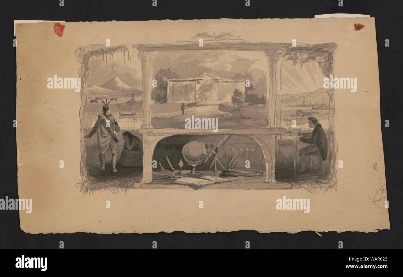 Dessin de conception pour l'allégorie, croquis de paysage urbain au bord de l'eau également Banque D'Images