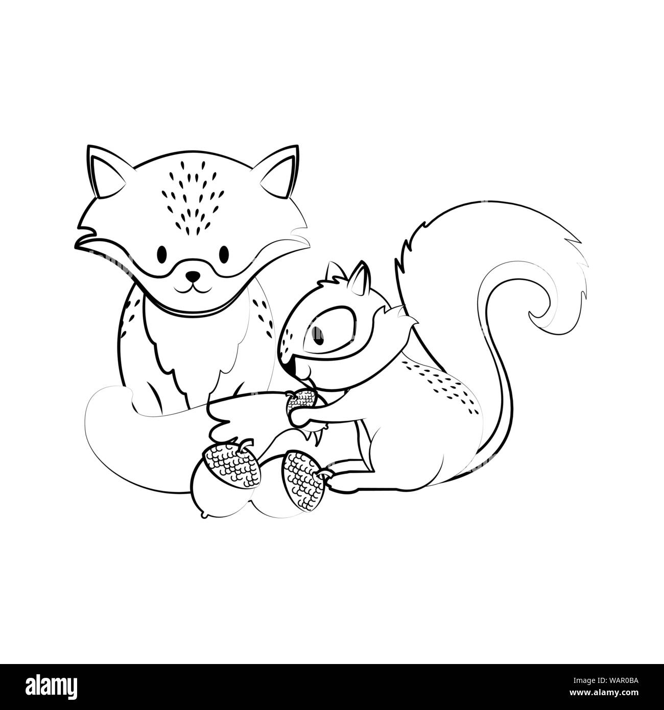 Cute fox et l'écureuil avec les écrous de dessins animés en noir et blanc Illustration de Vecteur