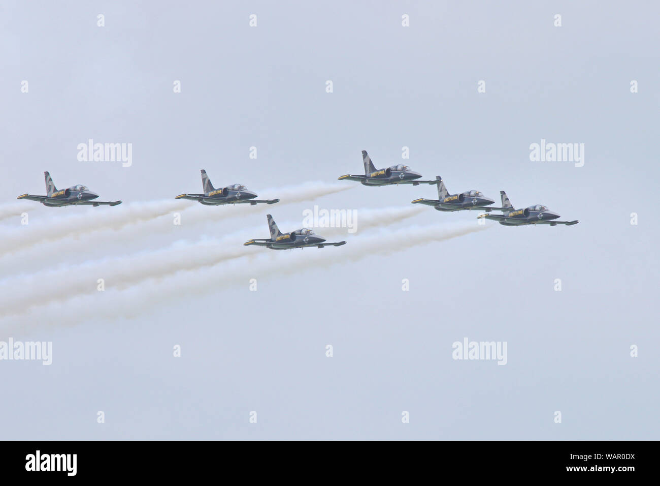 Le Breitling Jet Team arrivent à Eastbourne's International Air Show (21-07-2013). Équipe composée de six Albatros L-39, basé à Dijon, France. Banque D'Images