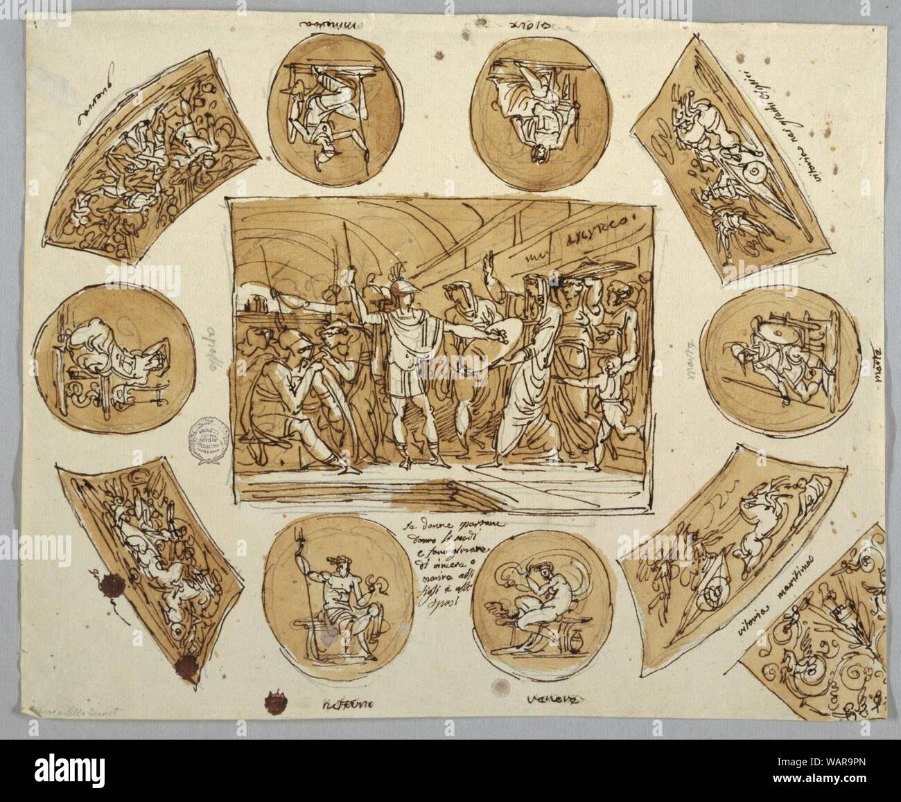 Dessin, Conception pour plafond avec femmes spartiates en panneau rectangulaire centrale, 1800-1810 Banque D'Images