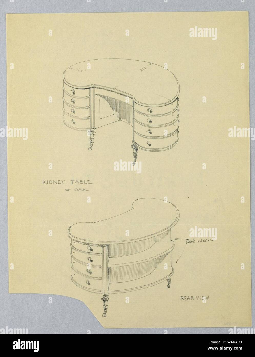 Dessin, Design for Kidney-Shaped Table pour écrire avec des étagères à l'arrière, 1900-05 Banque D'Images