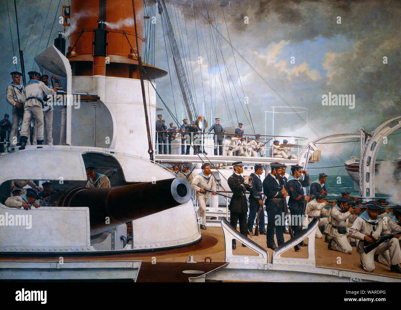 Peinture d'une bataille de perçage sur le cuirassé de classe Vauban en 1880 - Paul Jazet Banque D'Images