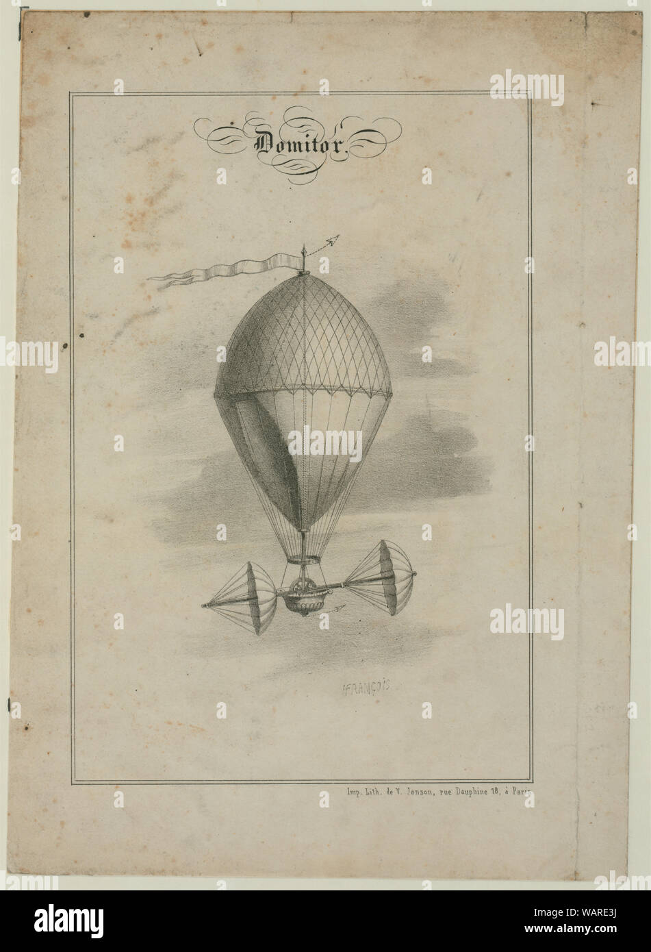 Imprimer ; Domitor montre Taillepied de La Garenne a proposé de système de navigation aérienne composée d'un ballon avec un parachute double sur un seul axe capable de transporter six personnes ; parachutes s'ouvrent sur un axe des deux côtés de la montgolfière. (Source : P.G. Renstrom, LC Personnel, 1981-1982). Banque D'Images