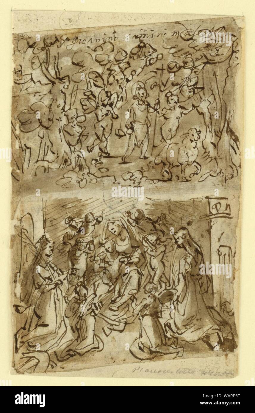 Dessin, page d'un livre de dessin ; Saint Jérôme au désert ; Mariage de Sainte Catherine ; crucifixion, Christ chassant les vendeurs et les acheteurs, ca. 1590 Banque D'Images