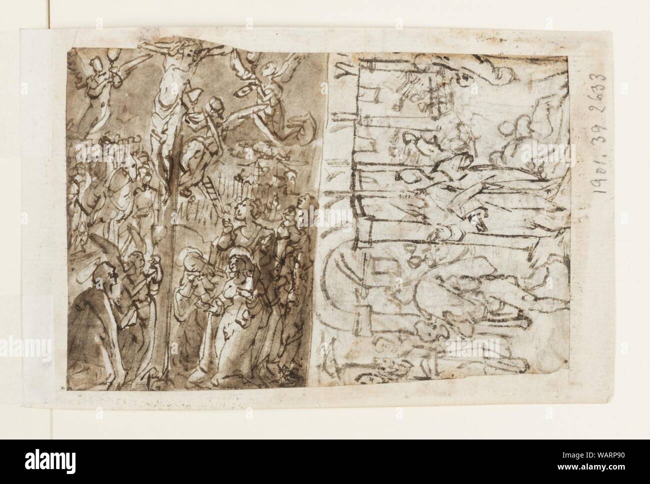 Dessin, page d'un livre de dessin ; Saint Jérôme au désert ; Mariage de Sainte Catherine ; crucifixion, Christ chassant les vendeurs et les acheteurs, ca. 1590 Banque D'Images