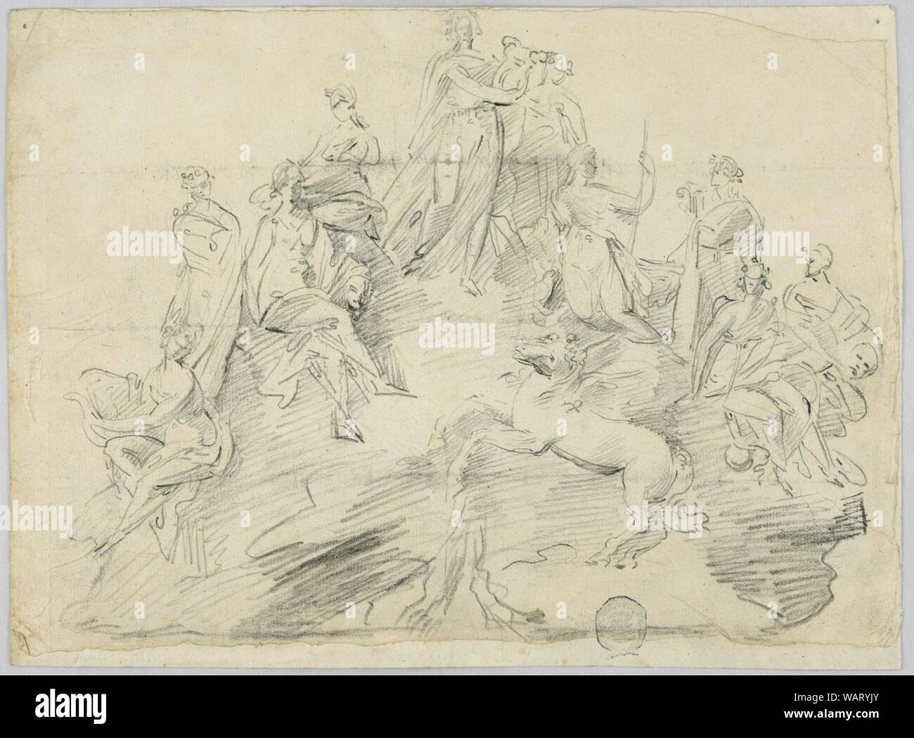 Dessin, croquis d'Apollon, les neuf Muses et Pégase sur le sommet de l'Hélicon, 1780-1810 Banque D'Images