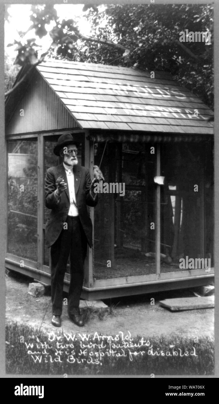 Le Dr W.W. Arnold avec deux patients d'oiseaux et son hôpital pour personnes handicapées les oiseaux sauvages Banque D'Images